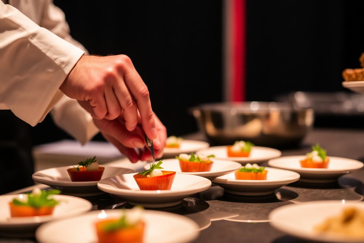 Trade show chef plating sample portions at a booth